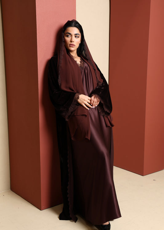 Inayah Velvet Lace Abaya Set - Cocoa