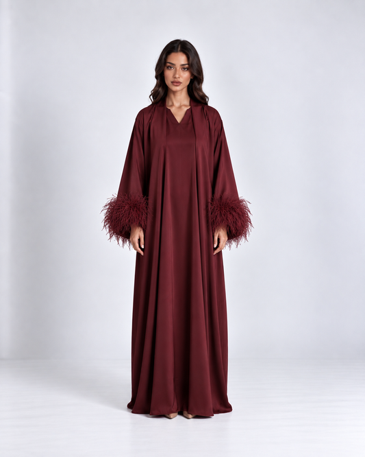 Maysa Feather Abaya Set - Burgundy