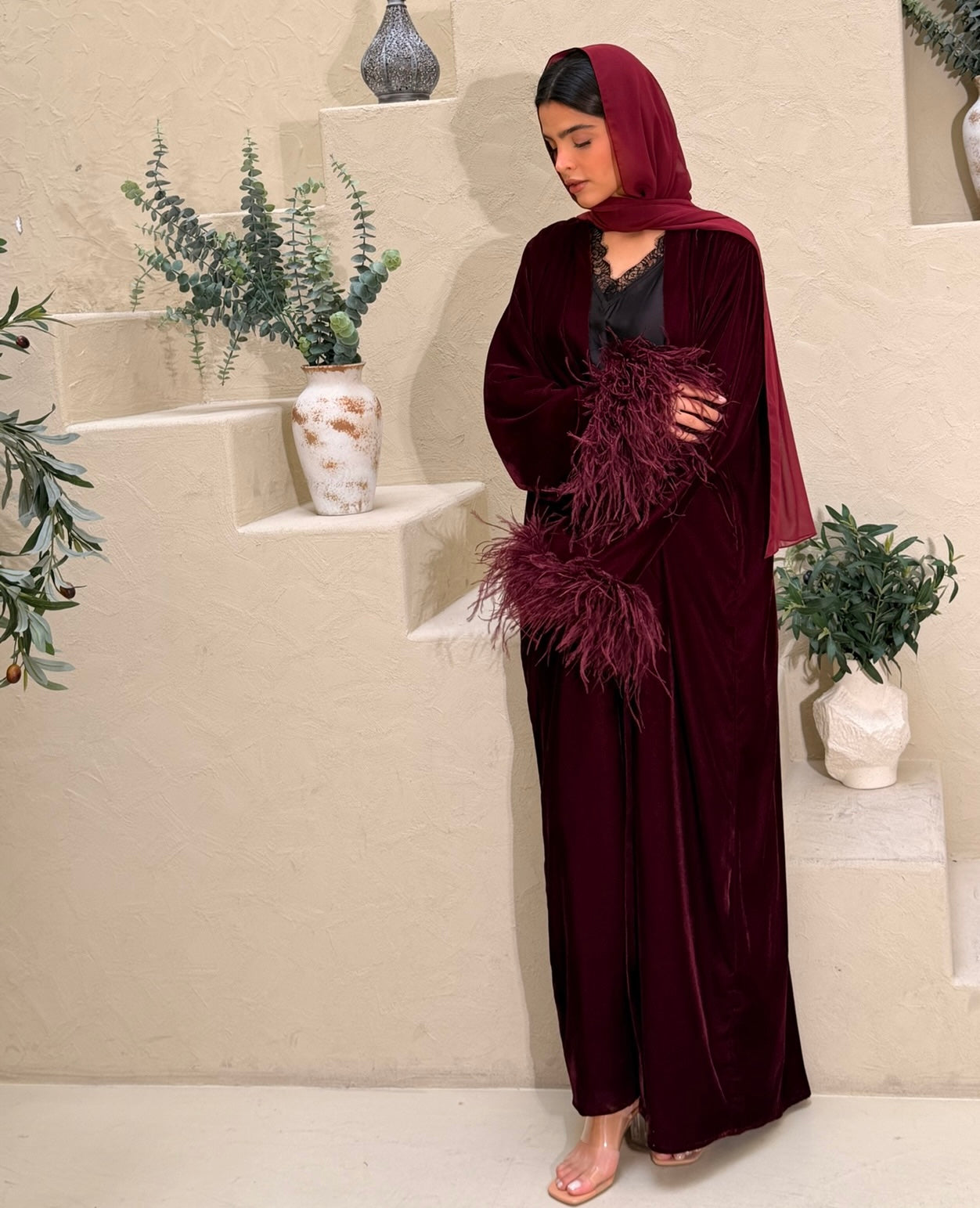 Asmaa Velvet Feather Abaya - Burgundy