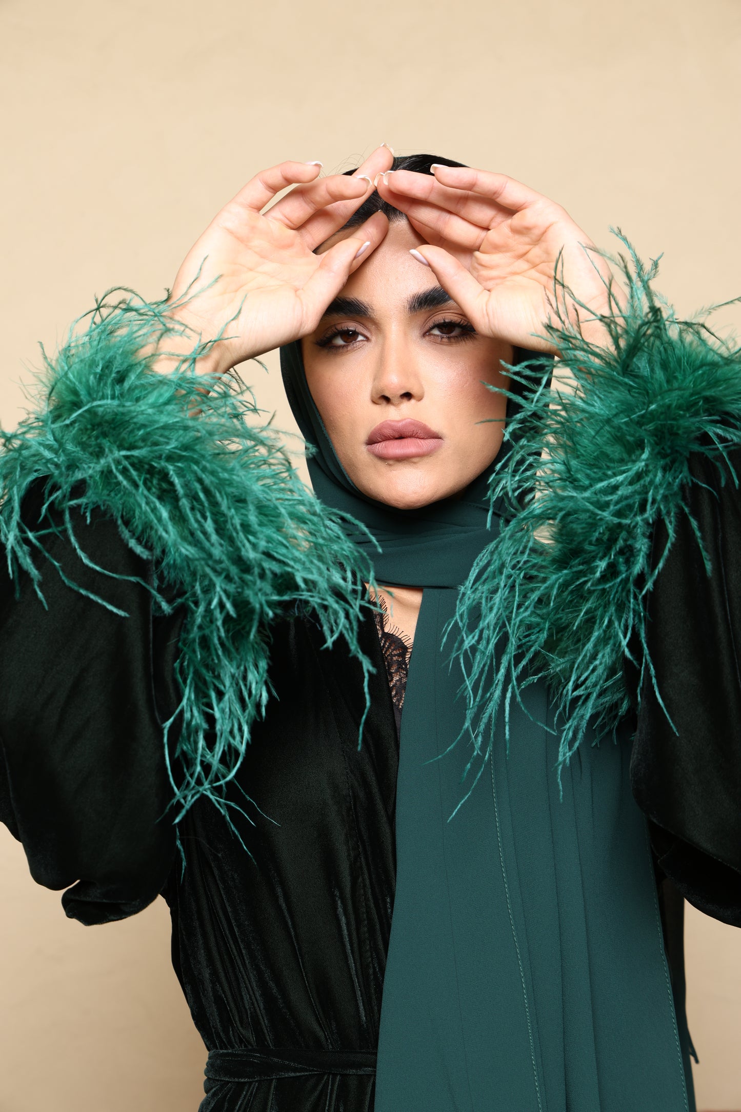 Asmaa Velvet Feather Abaya - Jade