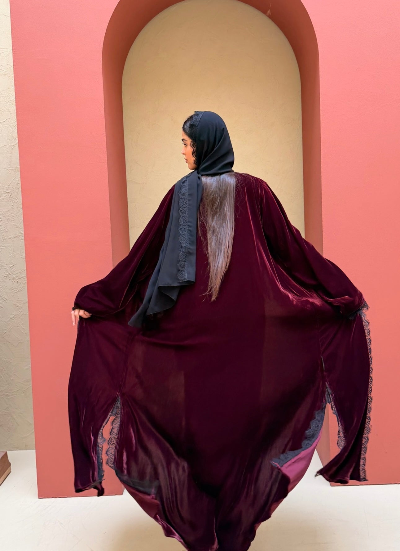Inayah Velvet Lace Abaya Set - Plum/Black