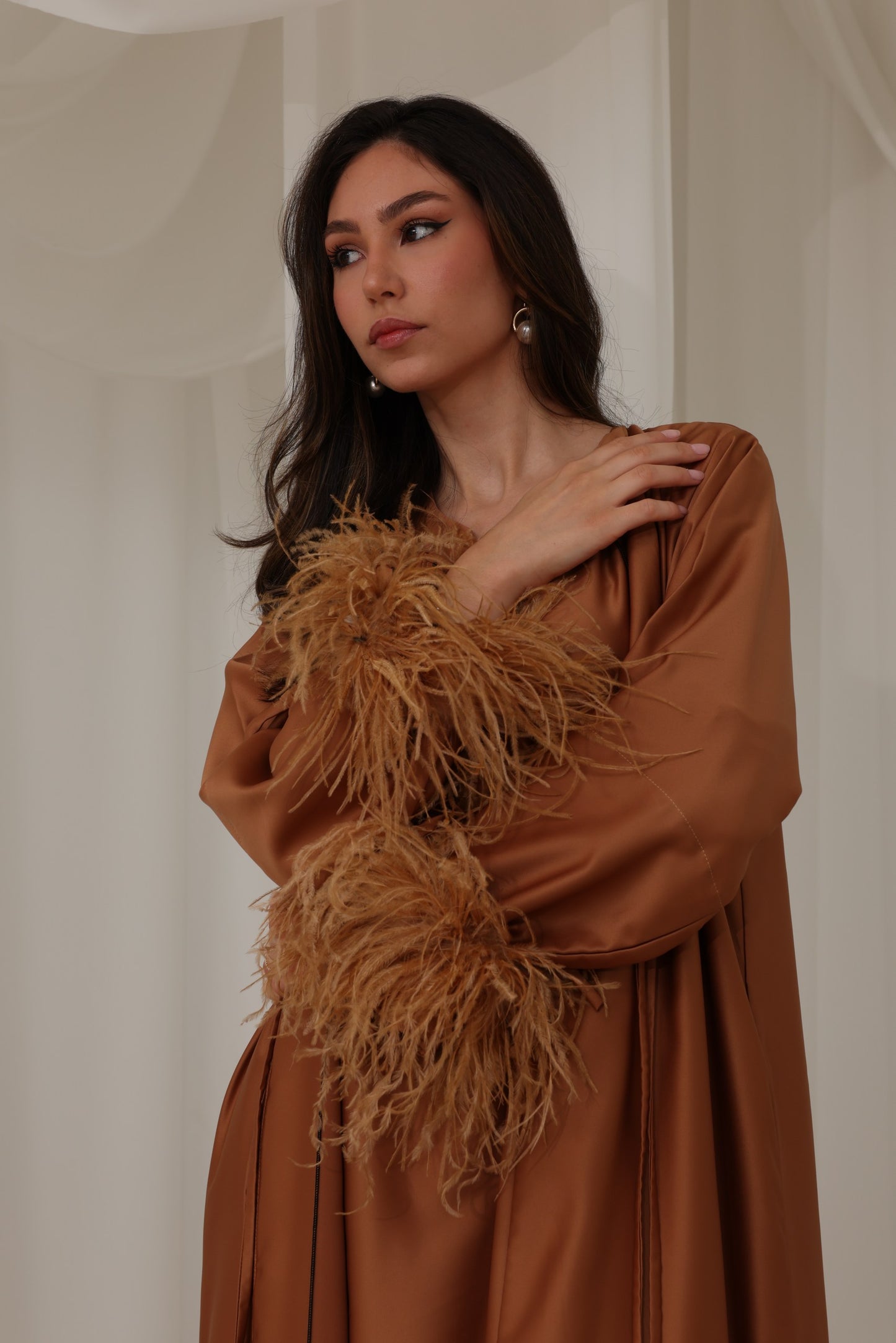 RTW Maysa Feather Abaya - Caramel