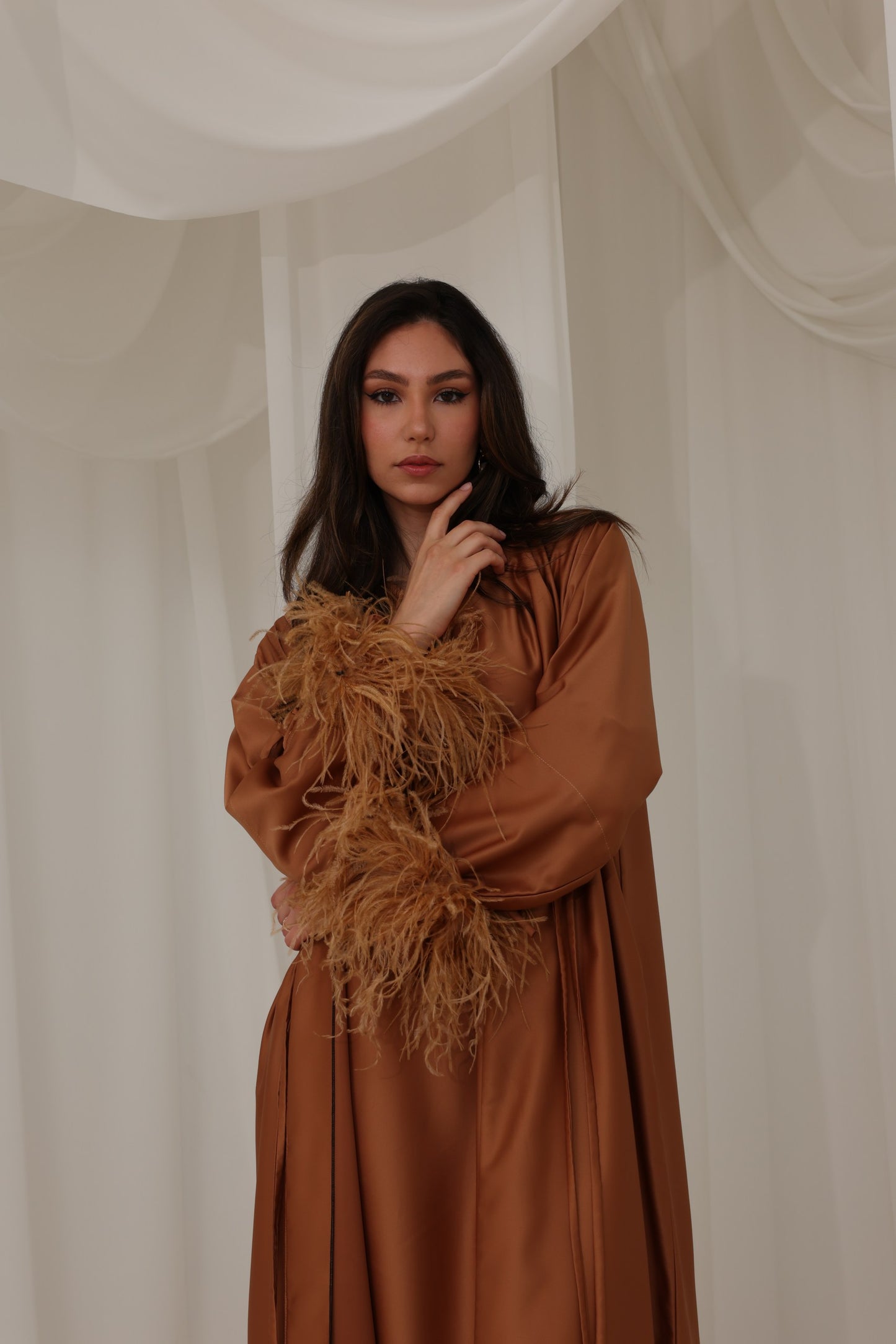 RTW Maysa Feather Abaya - Caramel