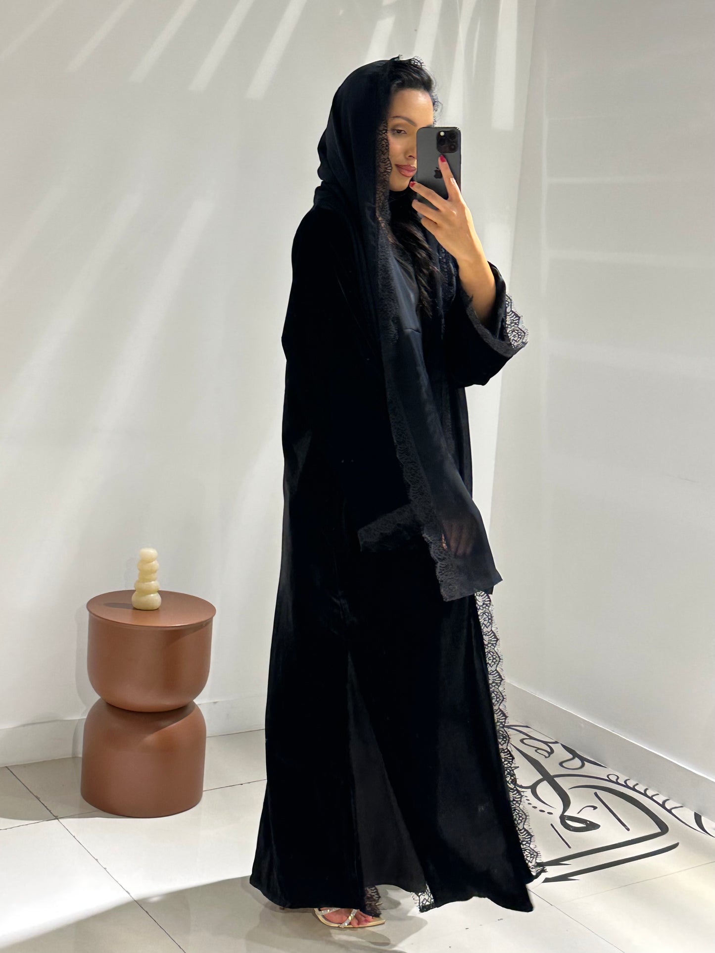 Inayah Velvet Lace Abaya Set - Black