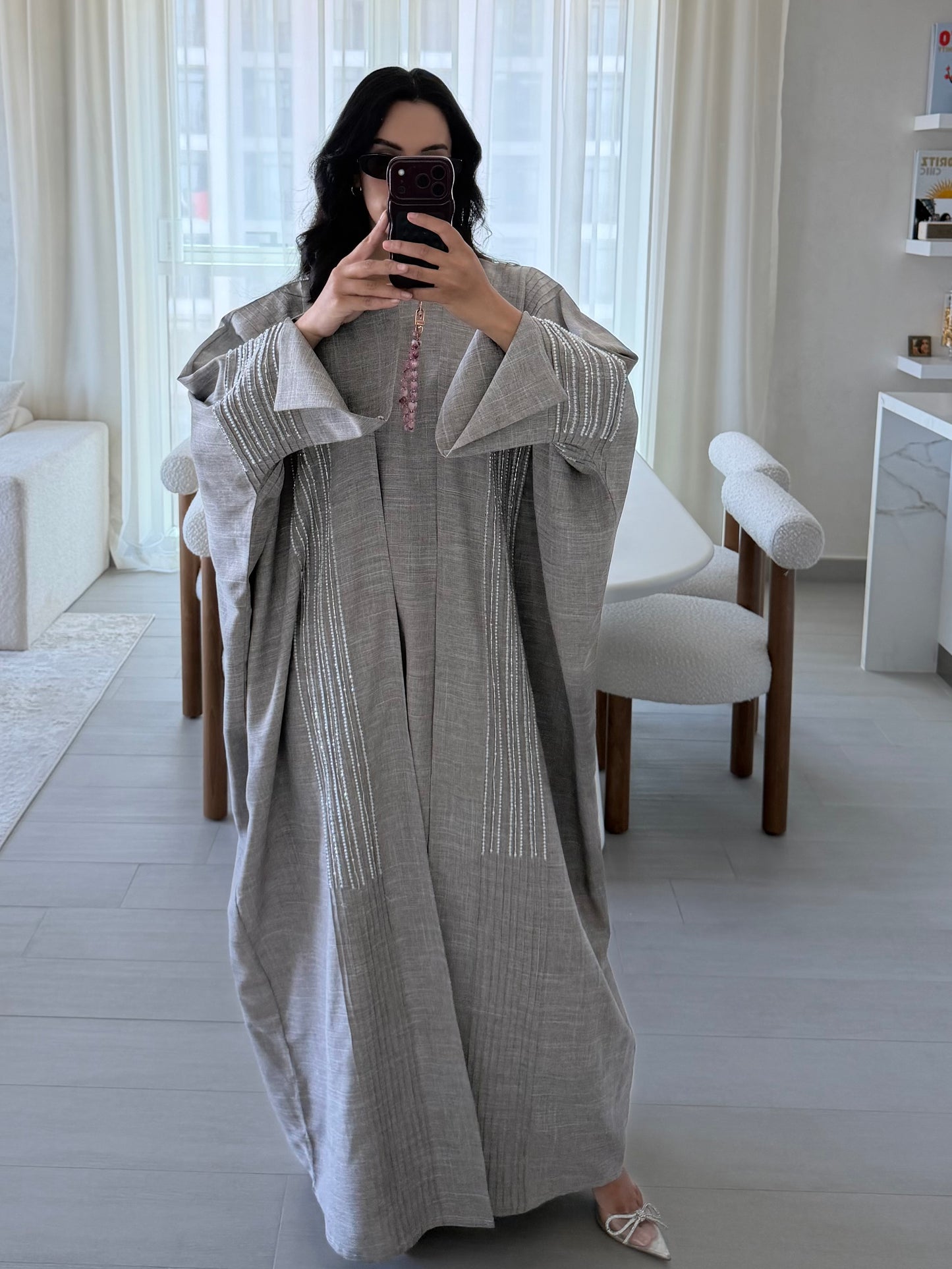 Heba Linen Abaya Set - Ash Grey