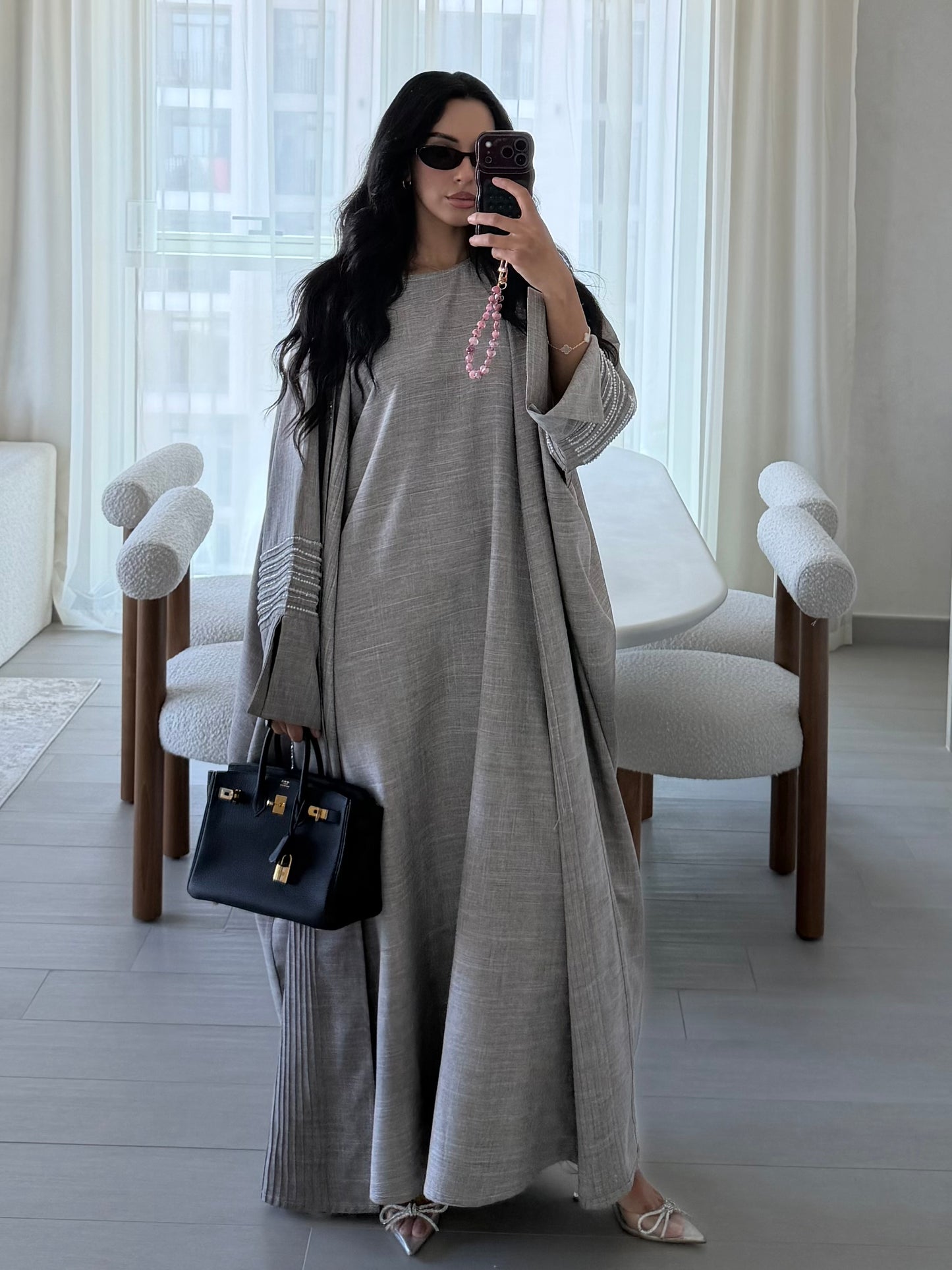 Heba Linen Abaya Set - Ash Grey