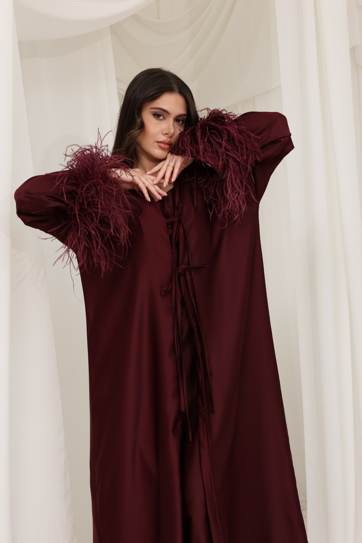 Maysa Feather Abaya Set - Burgundy
