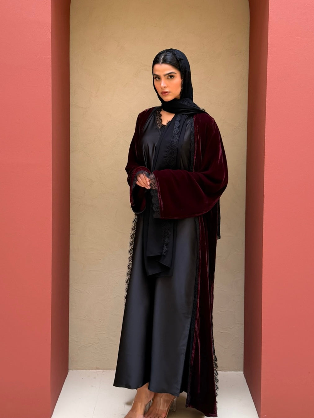 Inayah Velvet Lace Abaya Set - Plum/Black