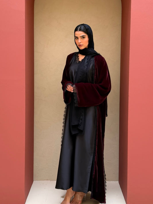 Inayah Velvet Lace Abaya Set - Plum/Black