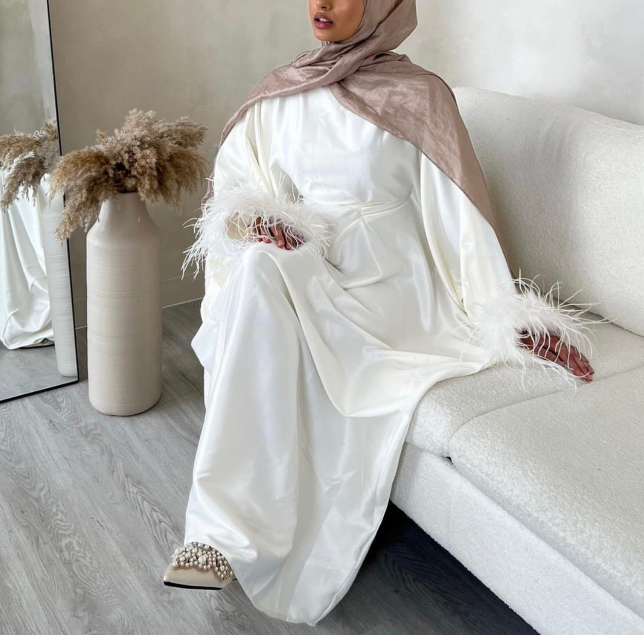 RTW Farasha Feather Kaftan - Off white/White Feathers