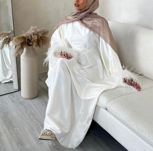 RTW Farasha Feather Kaftan - Off white/White Feathers