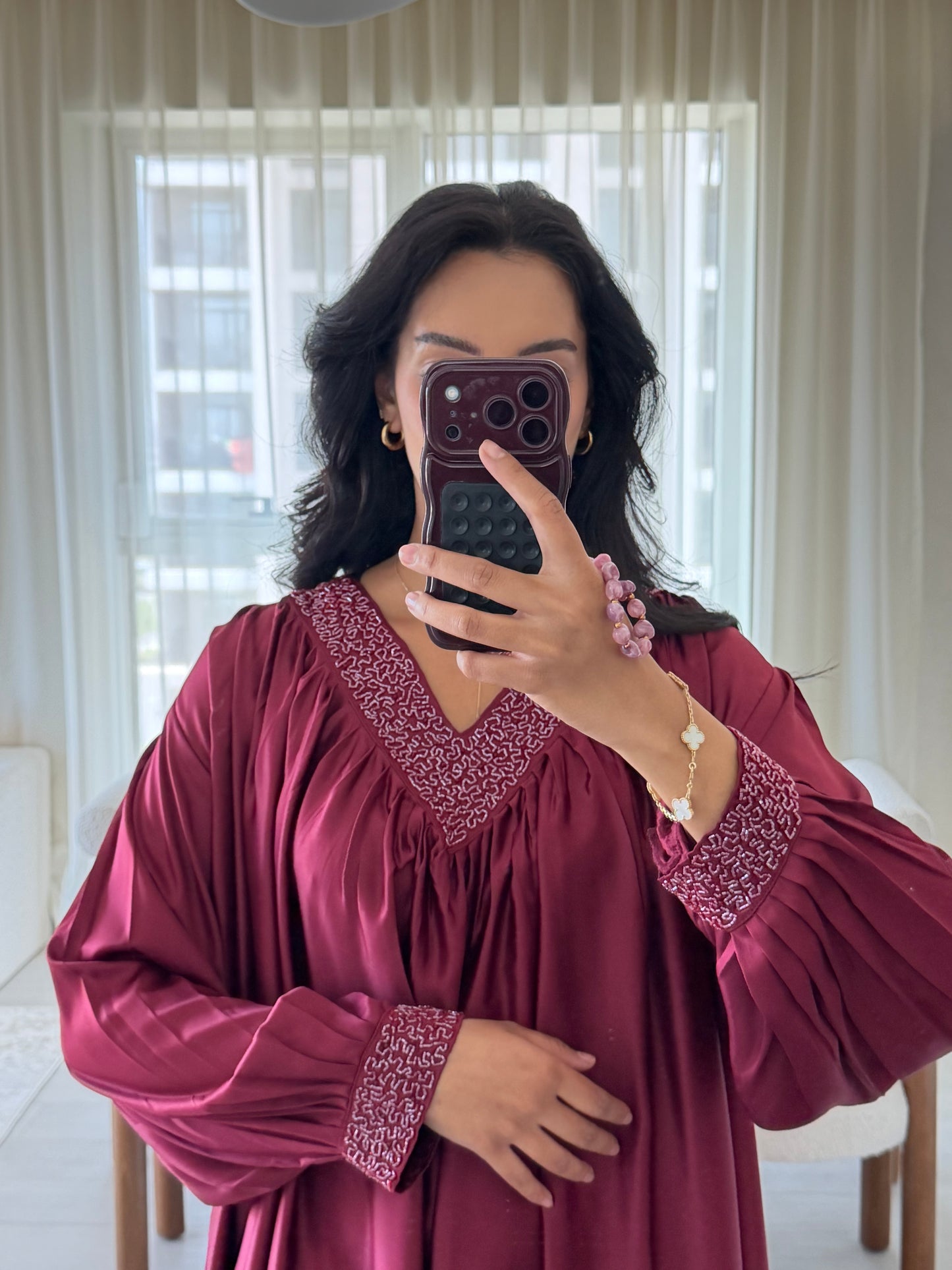 Kenza Beaded Kaftan - Burgundy Red