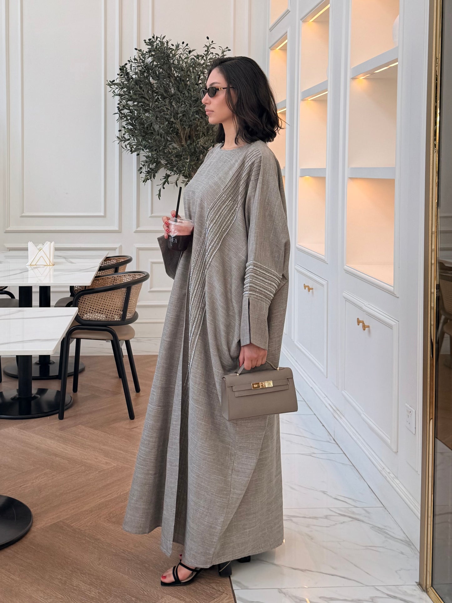 Heba Linen Abaya Set - Ash Grey