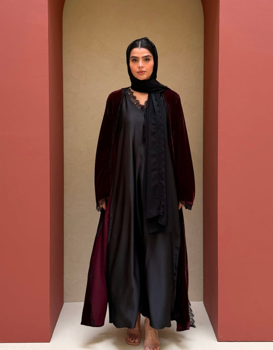Inayah Velvet Lace Abaya Set - Plum/Black