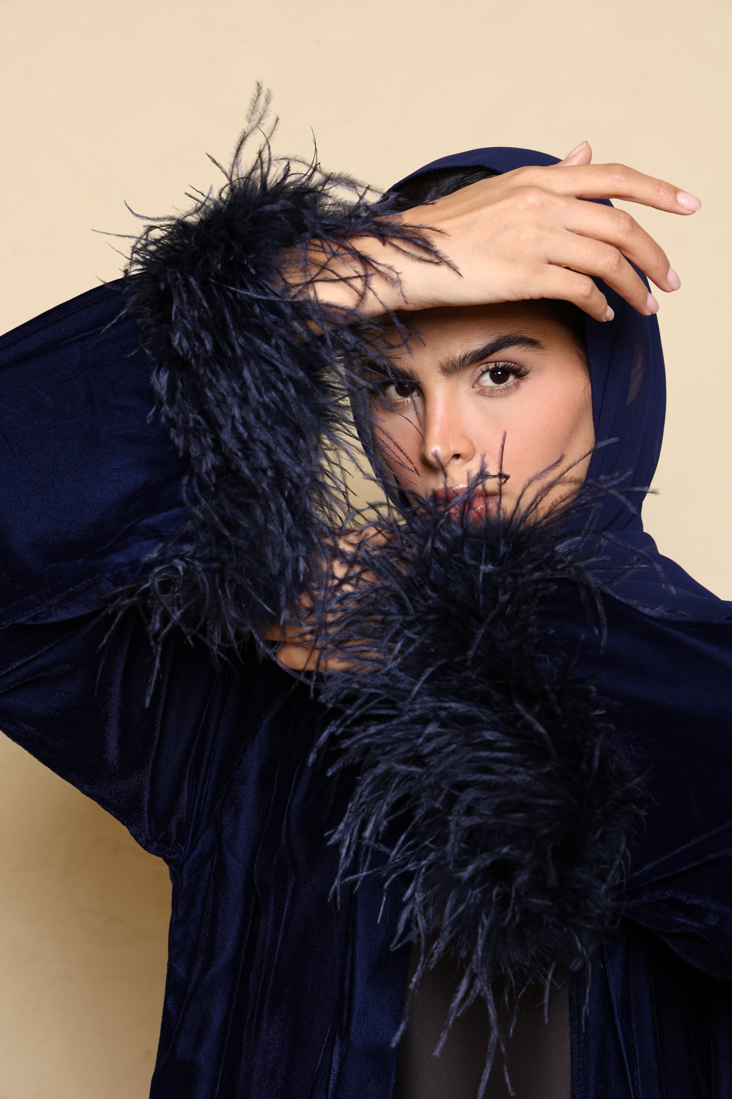 Asmaa Velvet Feather Abaya - Navy
