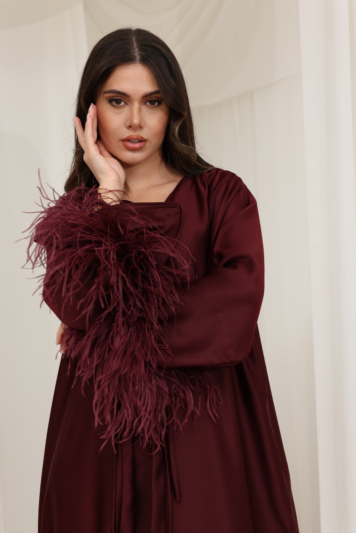 Maysa Feather Abaya Set - Burgundy