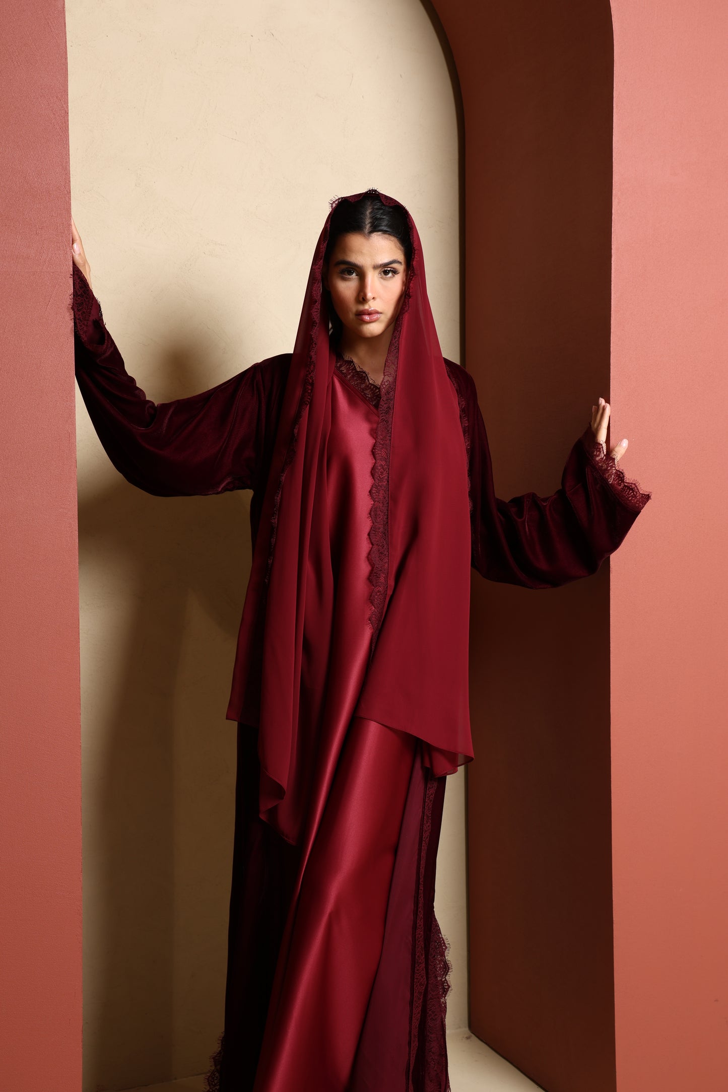 Inayah Velvet Lace Abaya Set - Burgundy
