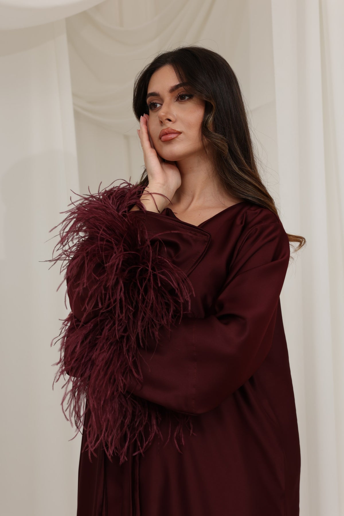 Maysa Feather Abaya Set - Burgundy