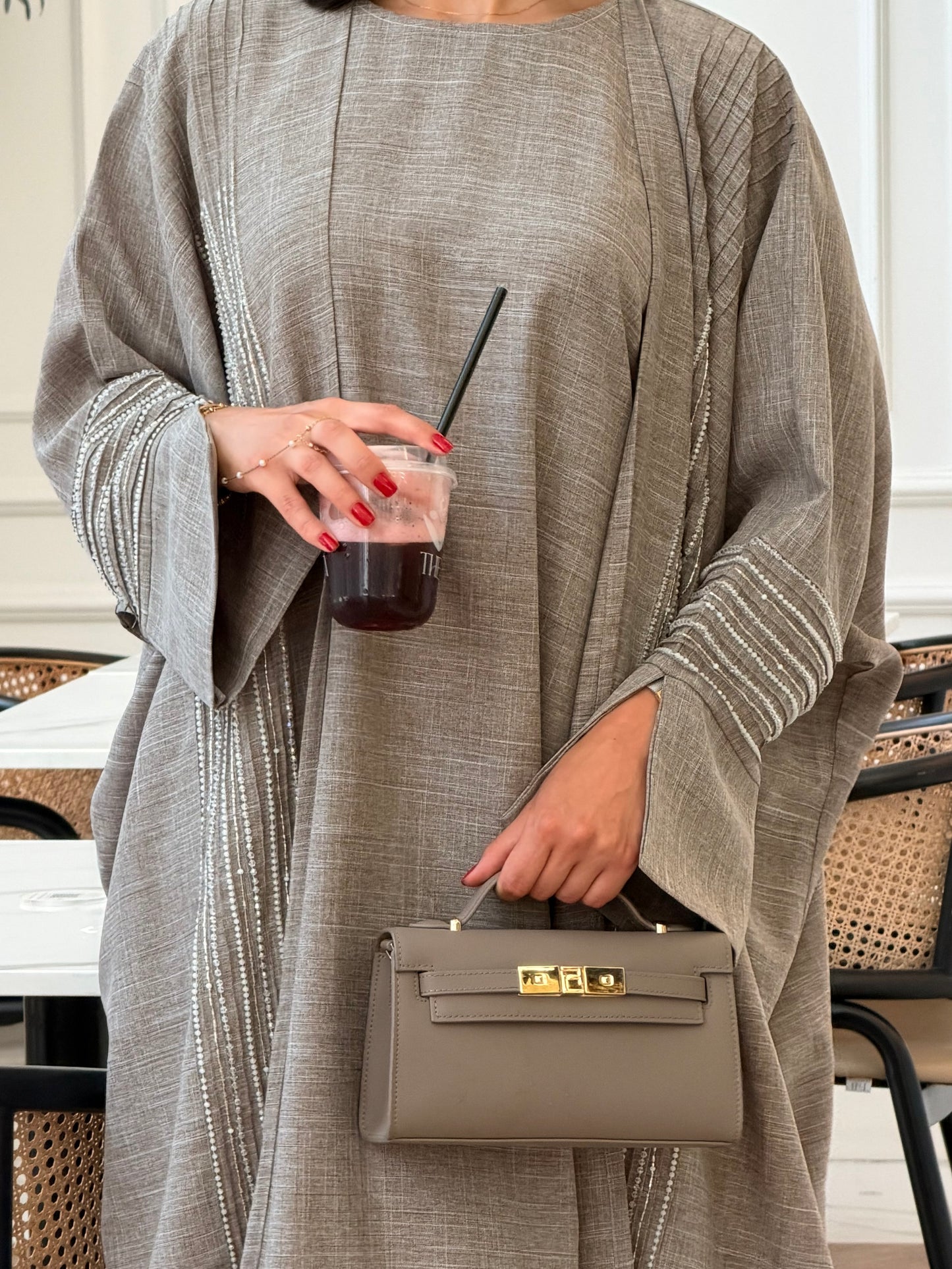 Heba Linen Abaya Set - Ash Grey