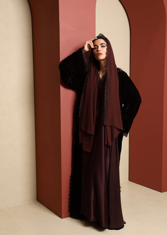 Inayah Velvet Lace Abaya Set - Cocoa