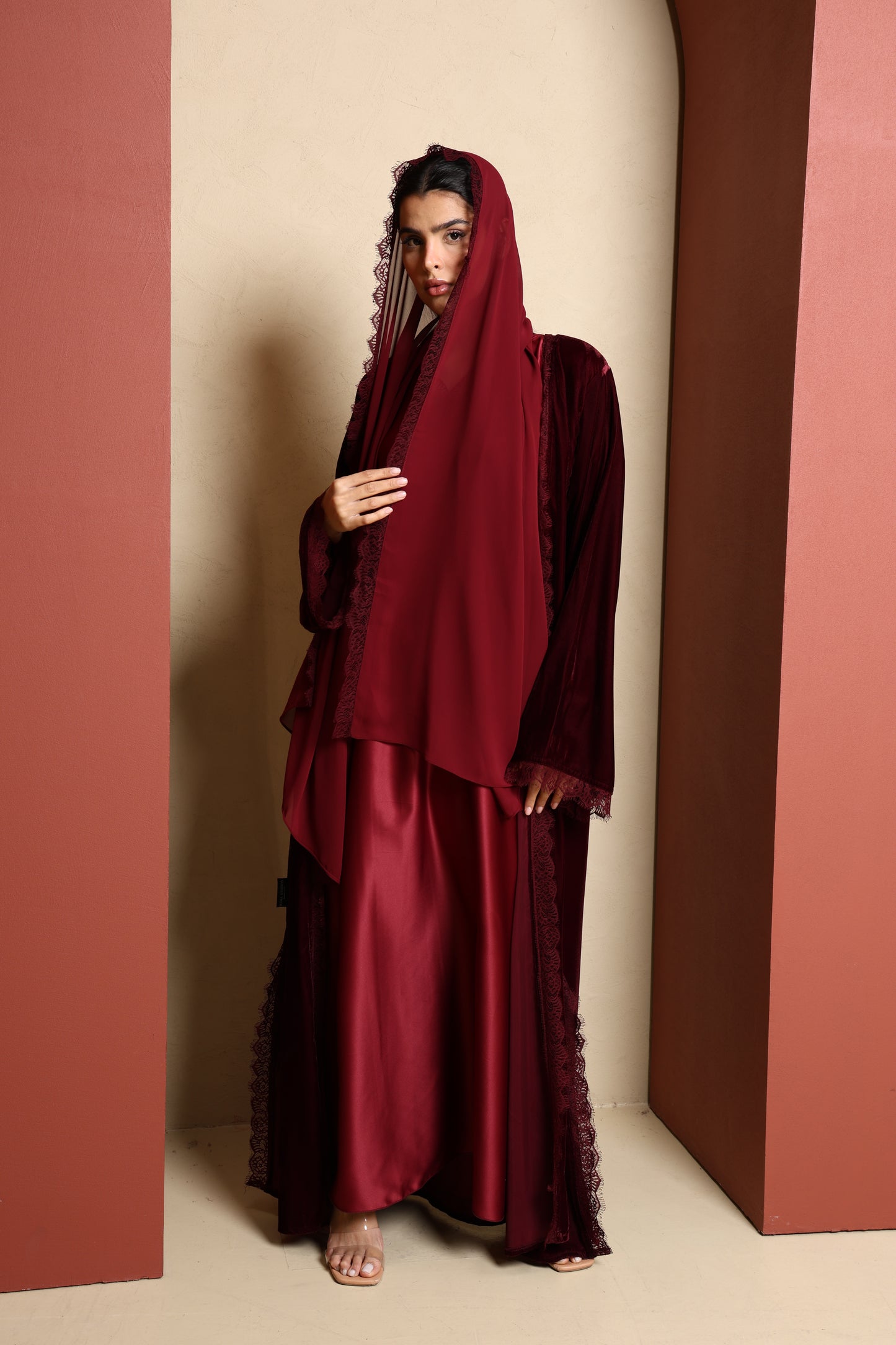 Inayah Velvet Lace Abaya Set - Burgundy