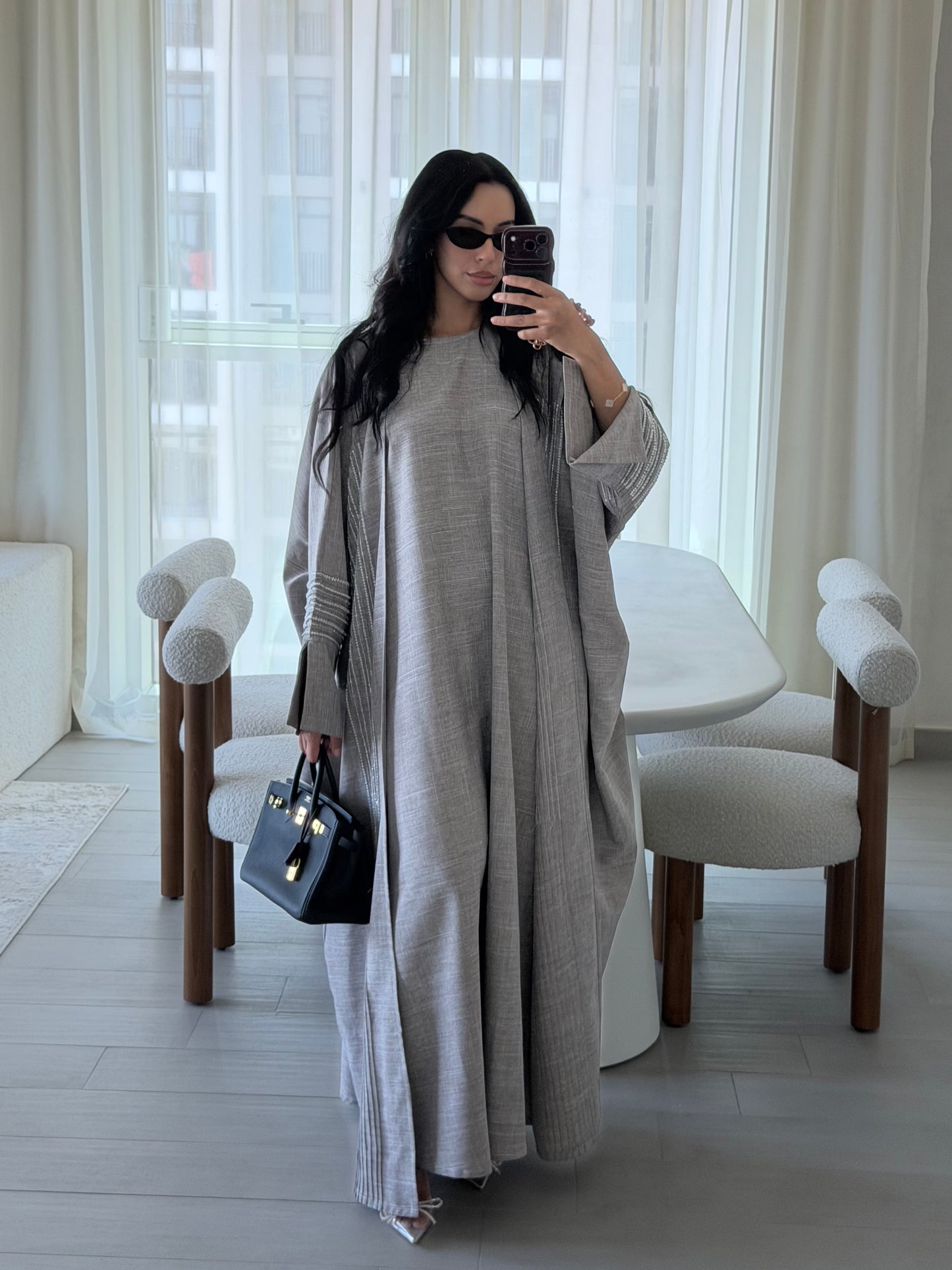 Heba Linen Abaya Set - Ash Grey
