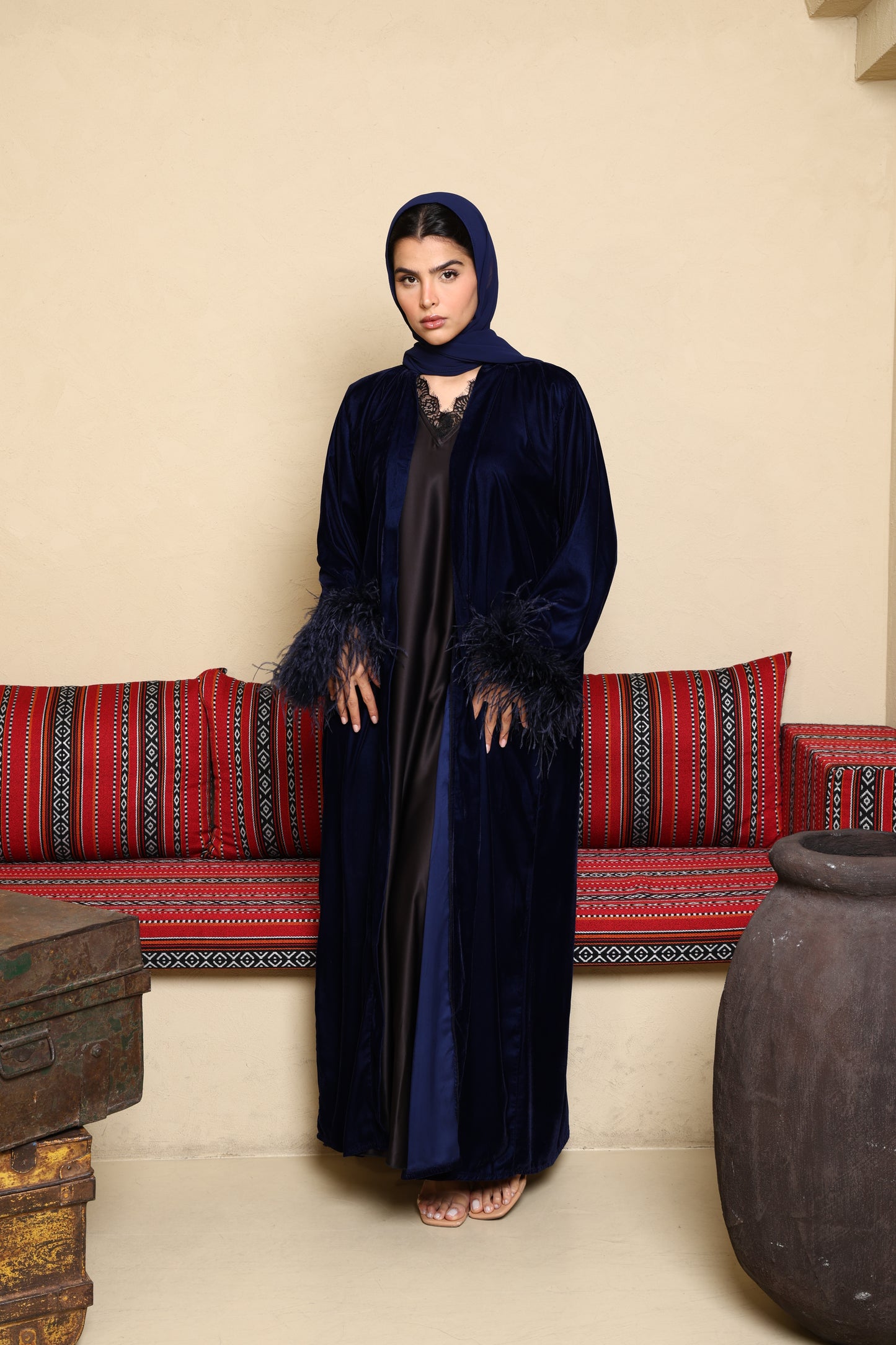 Asmaa Velvet Feather Abaya - Navy