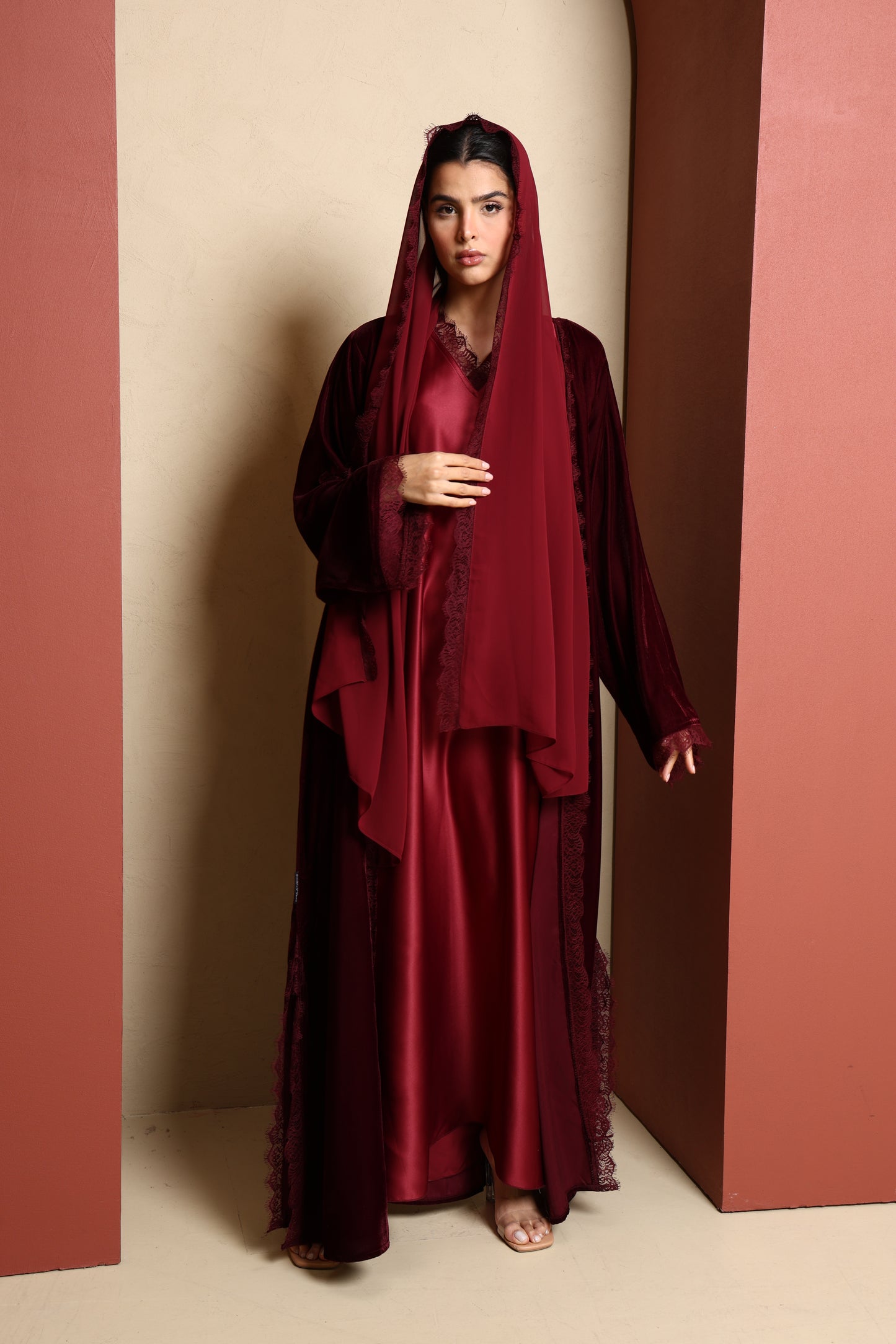 Inayah Velvet Lace Abaya Set - Burgundy