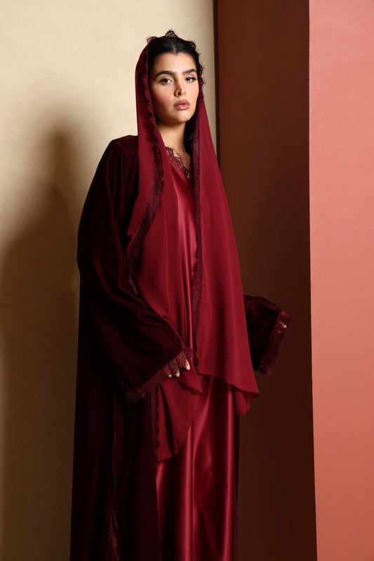 Inayah Velvet Lace Abaya Set - Burgundy