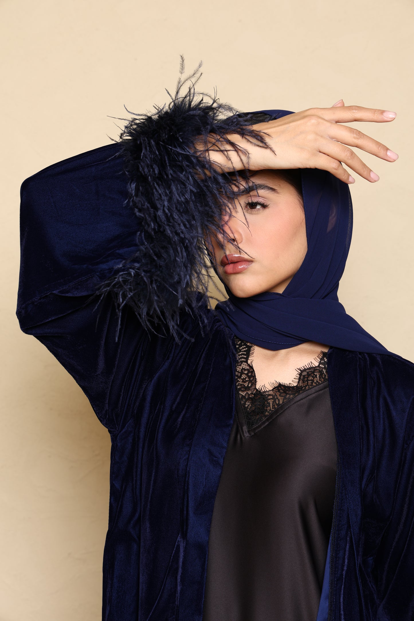Asmaa Velvet Feather Abaya - Navy