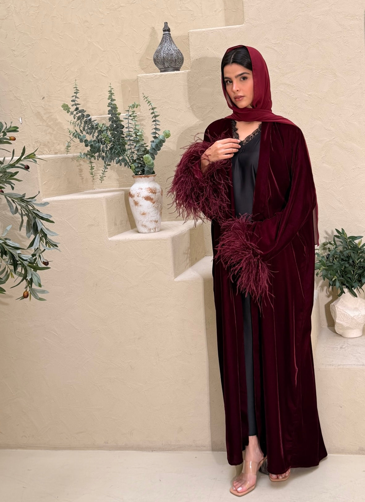 Asmaa Velvet Feather Abaya - Burgundy