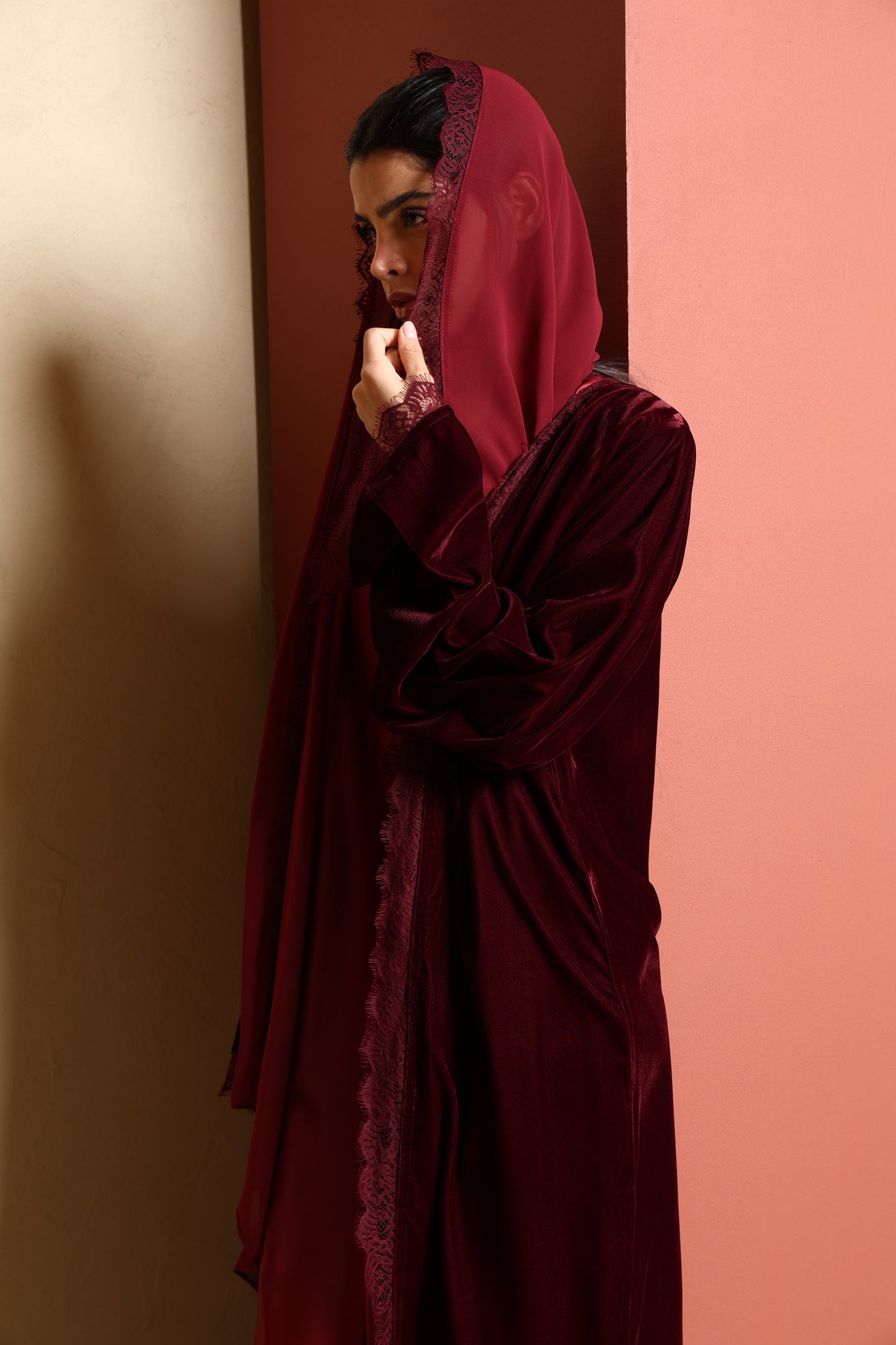 Inayah Velvet Lace Abaya Set - Burgundy