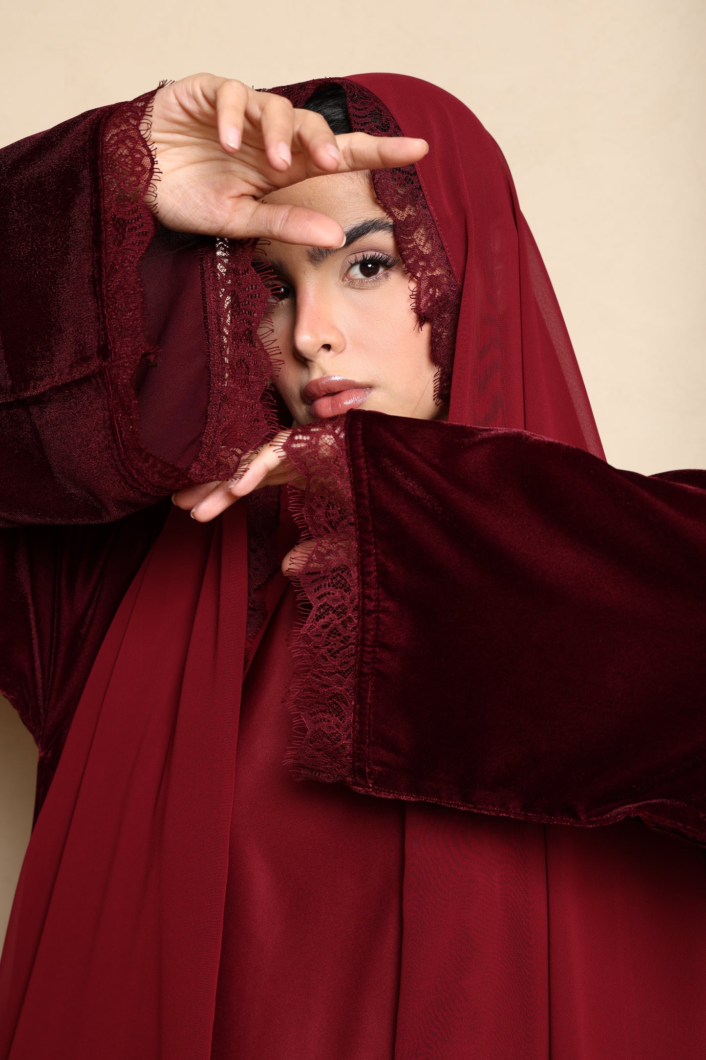 Inayah Velvet Lace Abaya Set - Burgundy