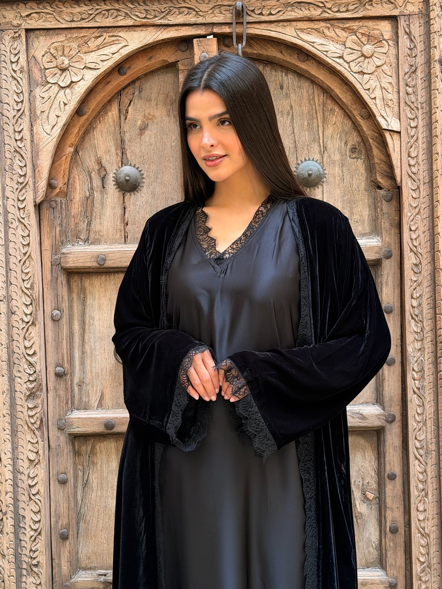 Inayah Velvet Lace Abaya Set - Black