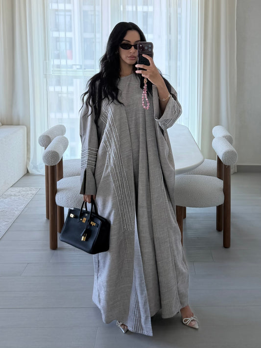 Heba Linen Abaya Set - Ash Grey