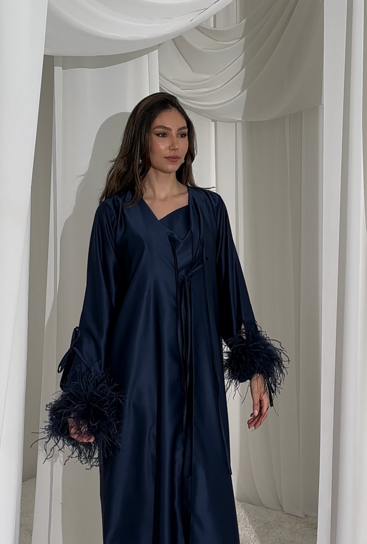 RTW Maysa Feather Abaya - Navy Blue