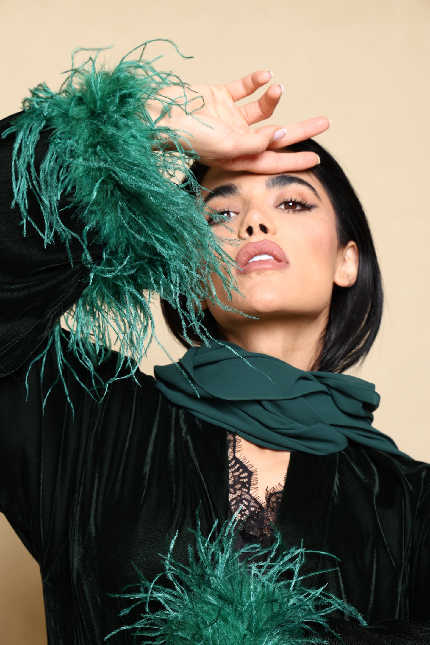 Asmaa Velvet Feather Abaya - Jade