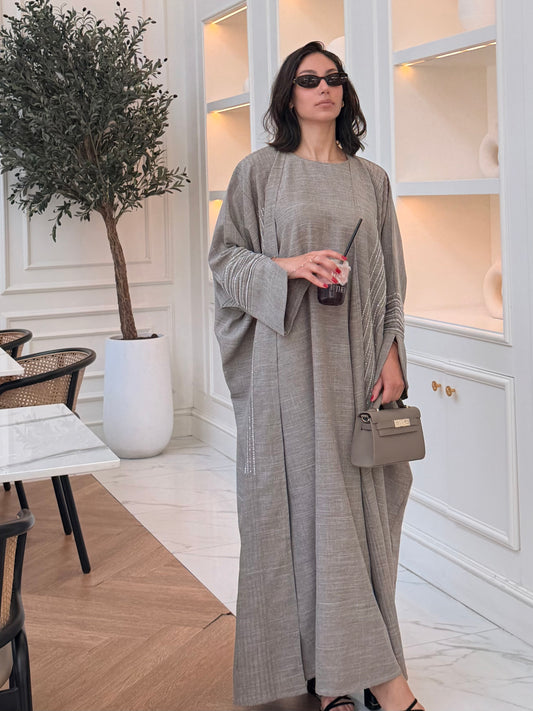 Heba Linen Abaya Set - Ash Grey