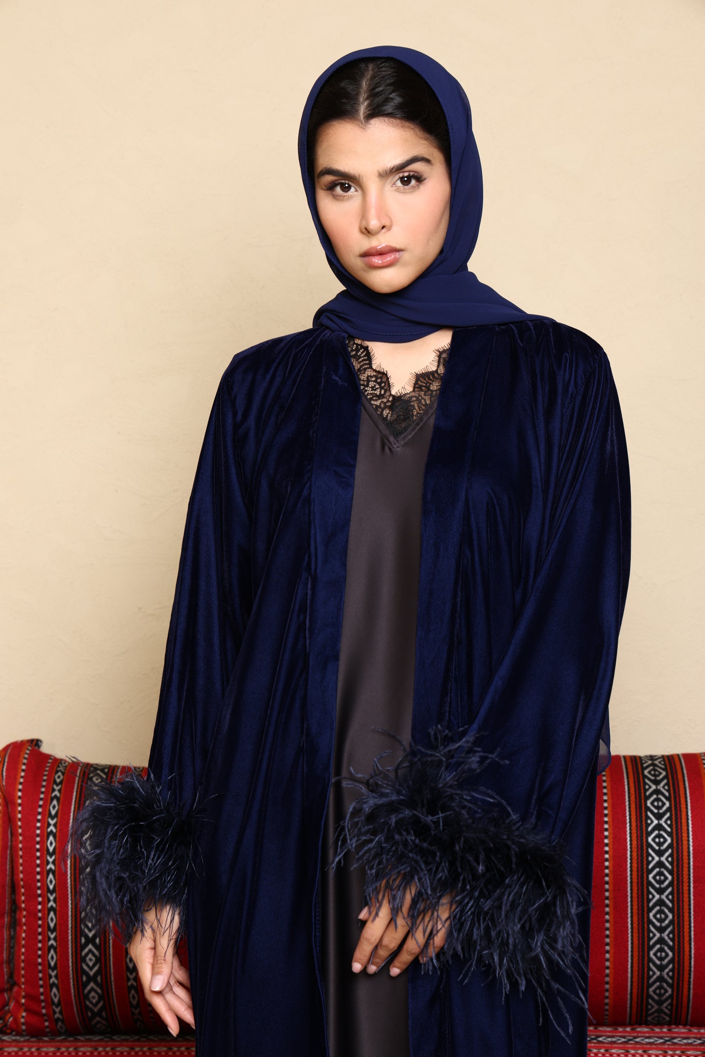 Asmaa Velvet Feather Abaya - Navy