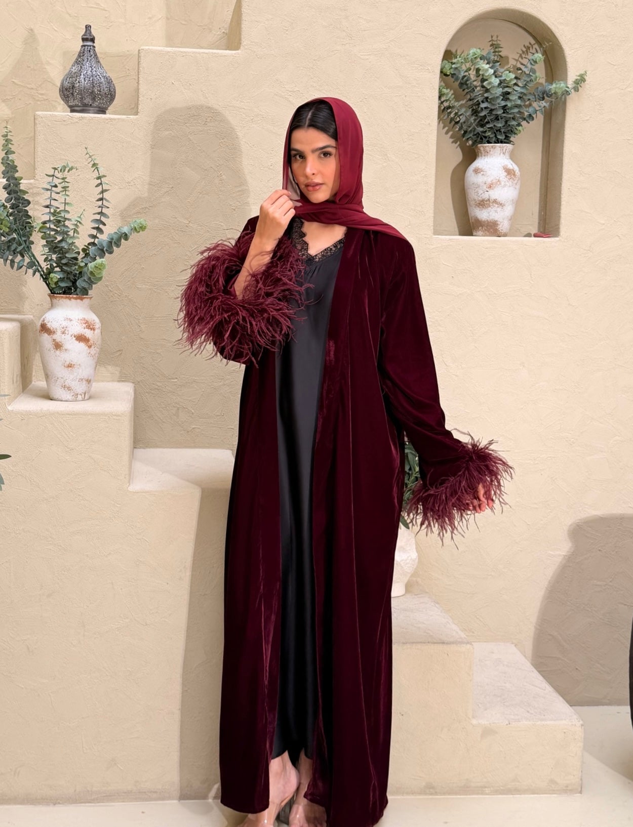 Asmaa Velvet Feather Abaya - Burgundy