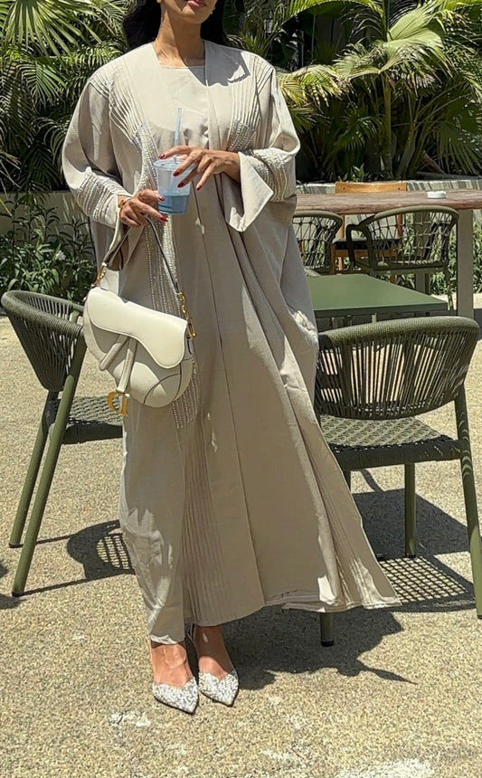 Heba Linen Abaya Set - Greige