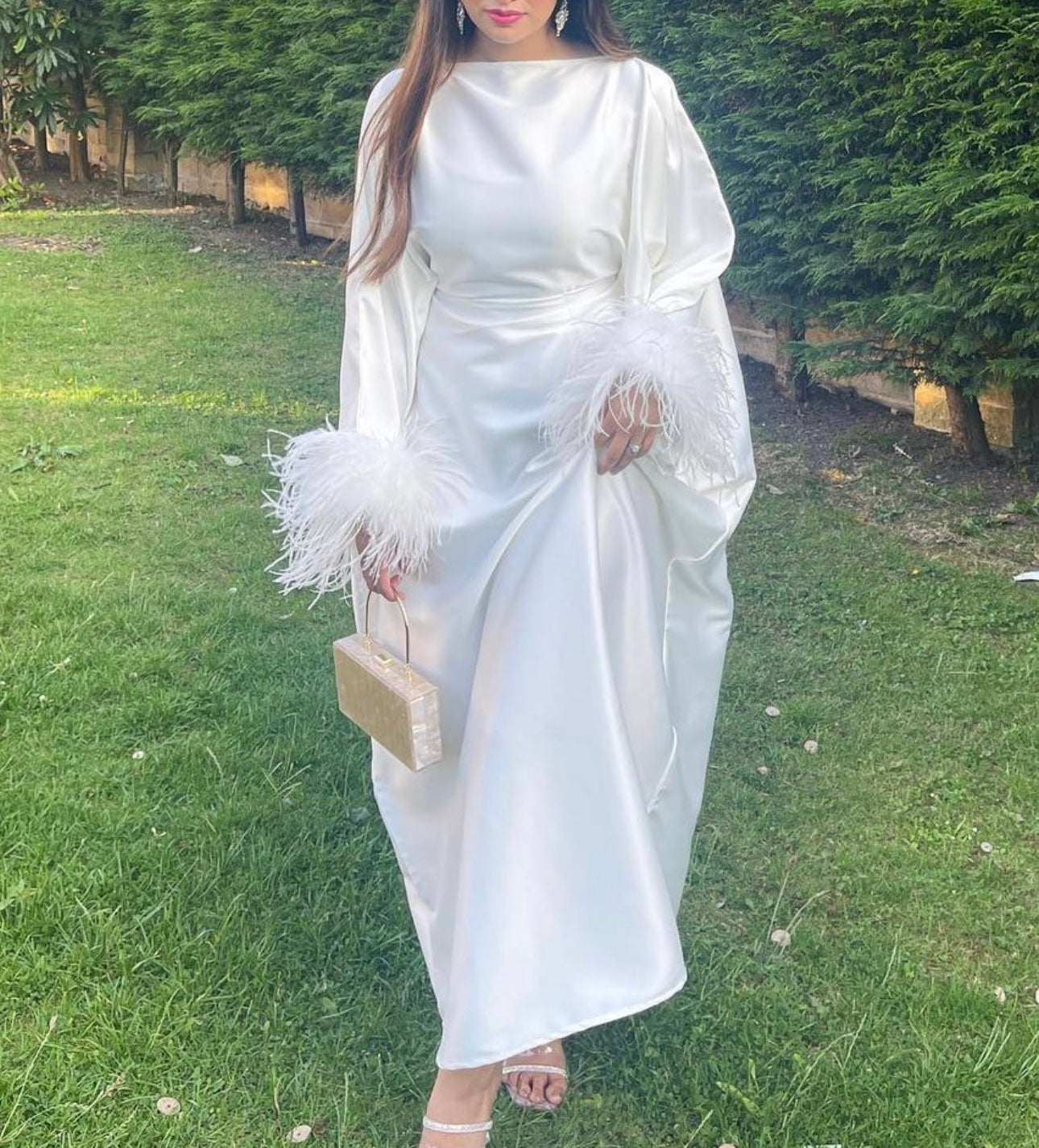 RTW Farasha Feather Kaftan - Off white/White Feathers